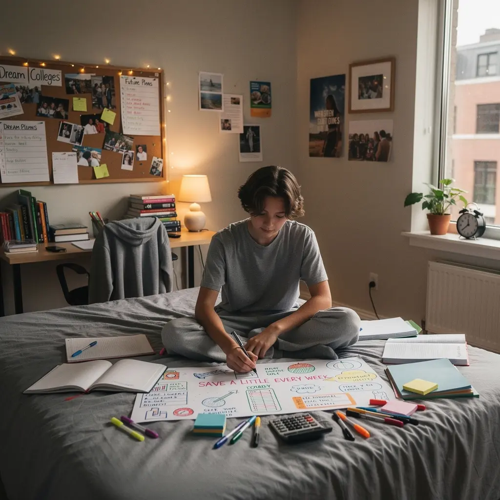 Pénzügyi tervezéshez szükséges eszközök asztalon, papírok és számológép mellett.