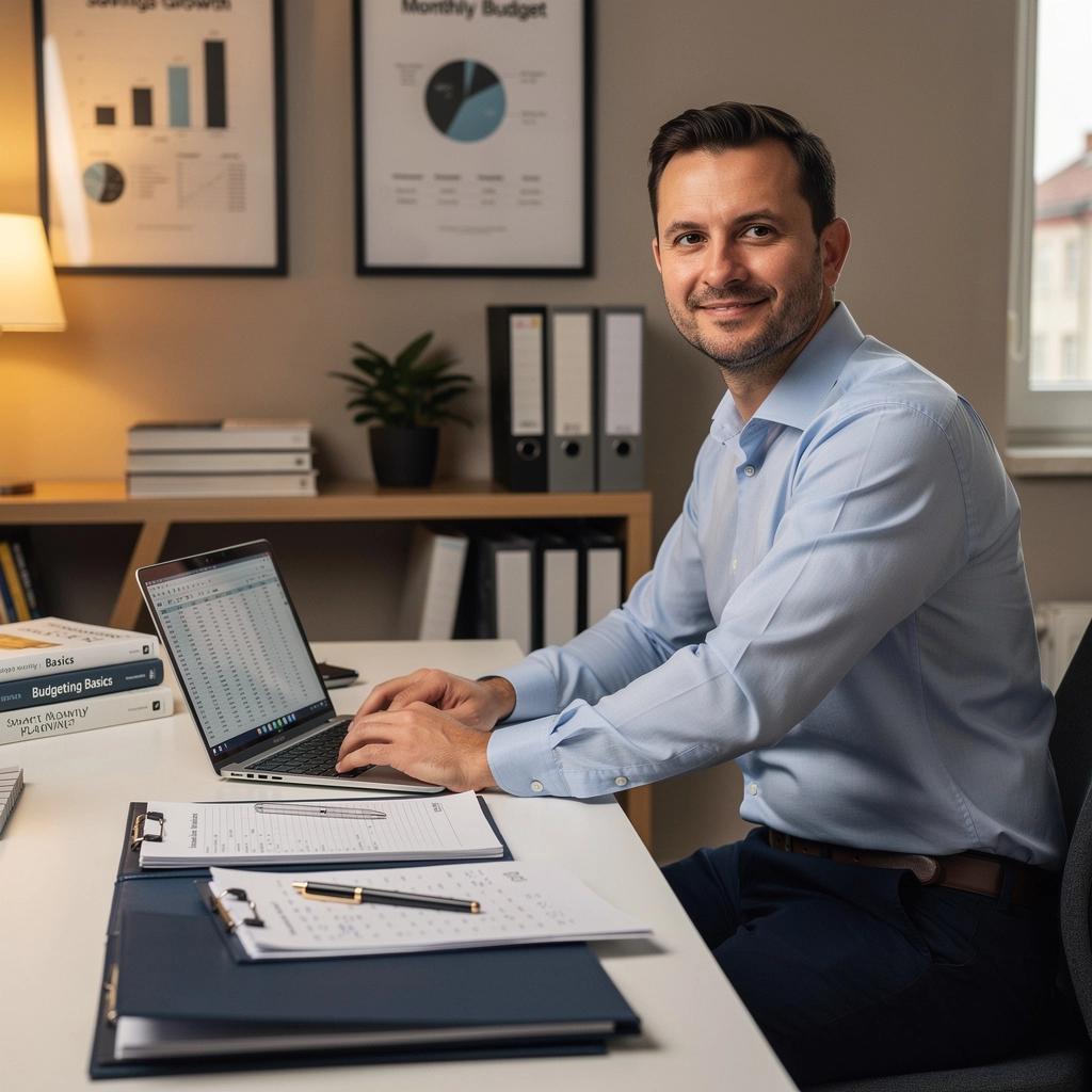 Pénzügyi tervezéshez szükséges eszközök és könyvek egy asztalon.